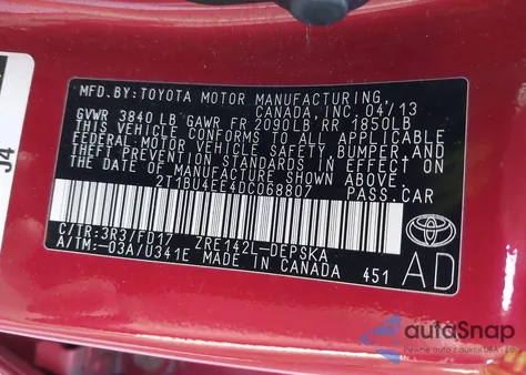 2013 Toyota Corolla S from USA, damaged, VIN 2T1BU4EE4DC068807